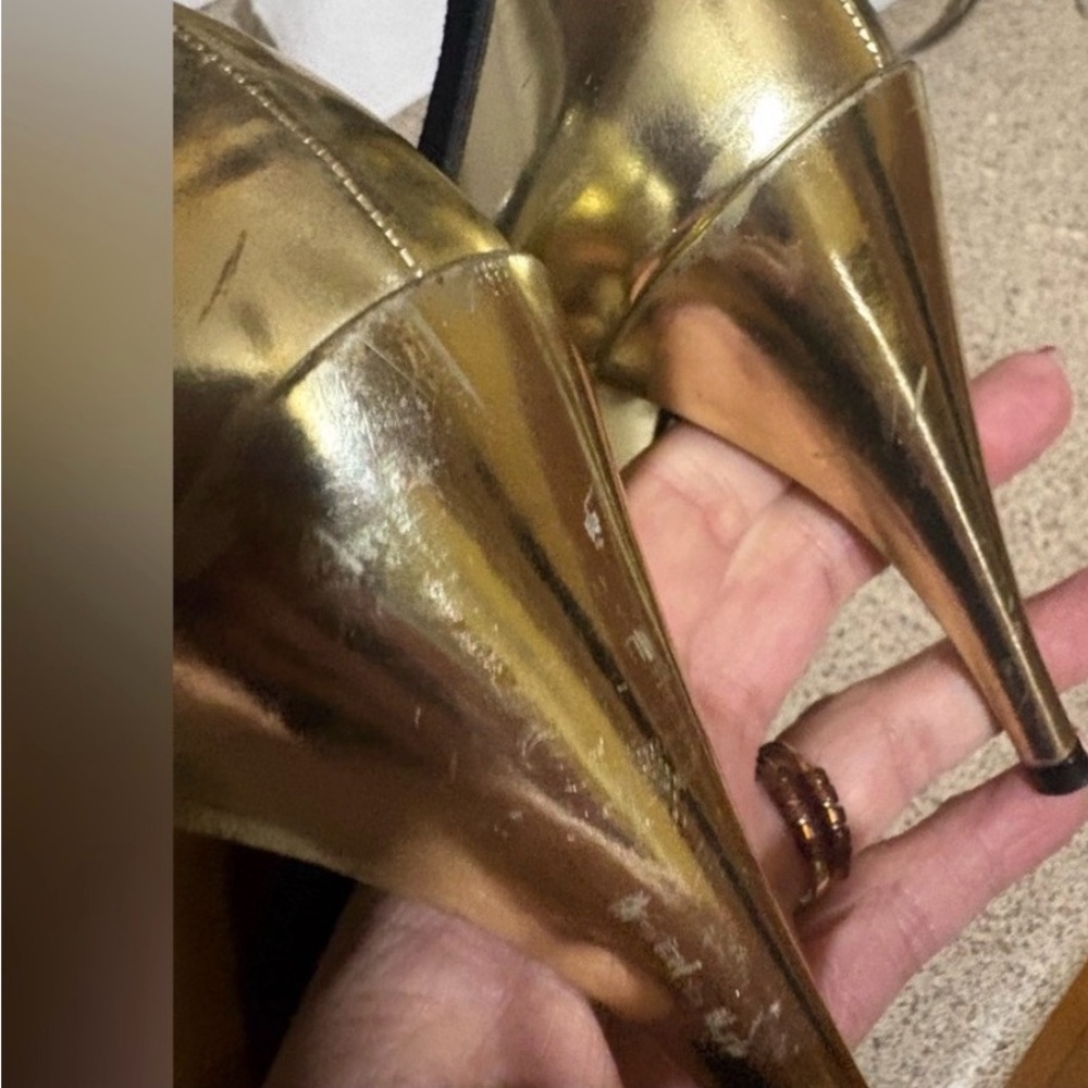 Gucci Black and Metallic Gold Open-Toe Stiletto Pump - Picture 12 of 14